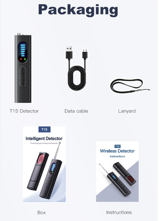 In the box: detector, USB-C cable, lanyard, box and instructions