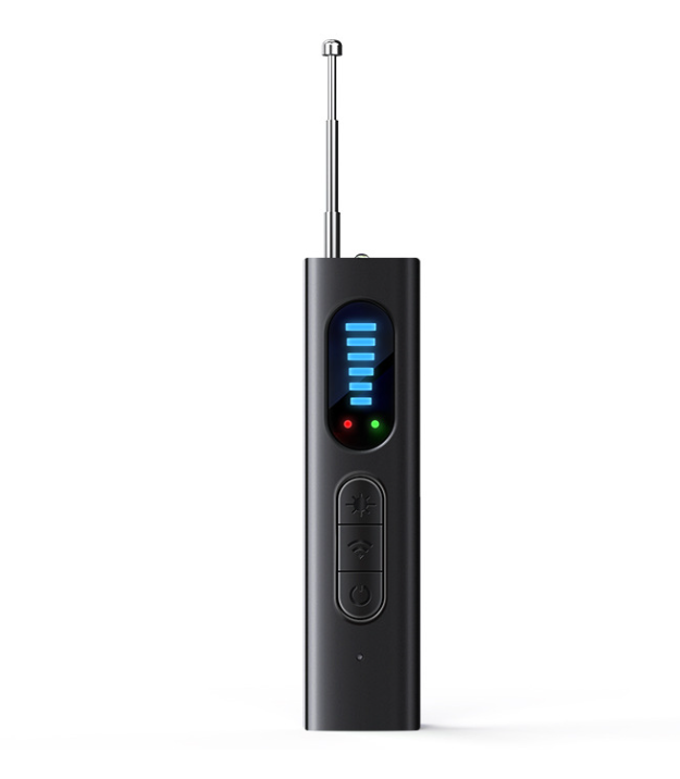 The detector with its antenna extended and the LED signal bar lit