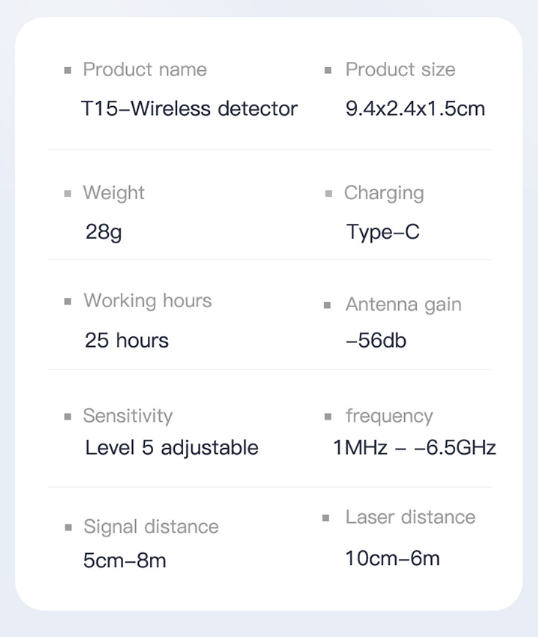 Specifications: 9.4 x 2.4 x 1.5 cm, 28 g, USB-C, 1 MHz to 6.5 GHz